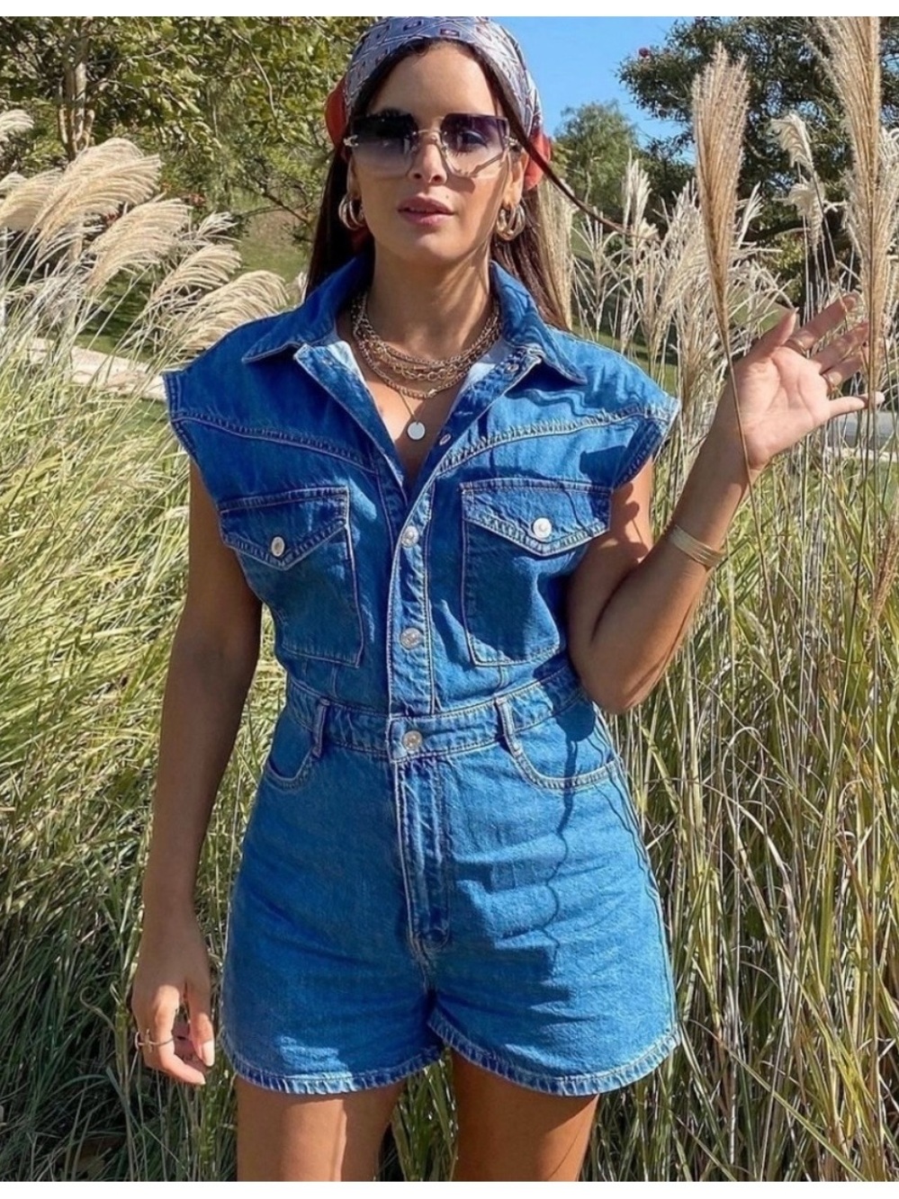Zara Sleeveless Collard Button Denim Short Jean Shorts Romper M